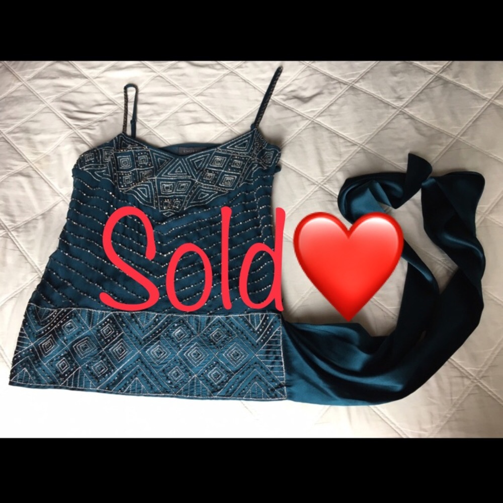 ❌🥂SOLD🥂❌Bebe Blue Silk Beaded Side-Zip Cami - Picture 1 of 8